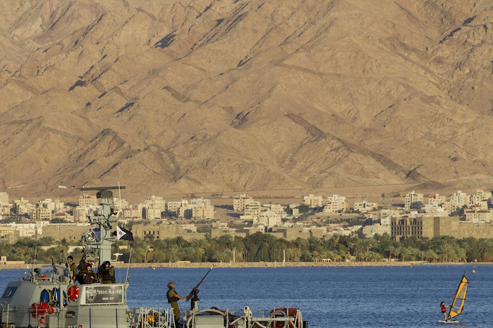 An Israeli naval ship during Israeli Prime Minister Benjamin Netanyahu's speech, unseen, at a port in the Red Sea in 'Eilat' settlement, southern occupied Palestine, Monday, March 10, 2014. (AP)