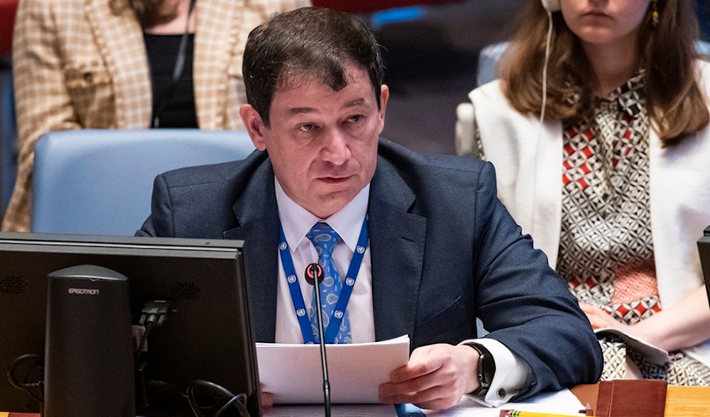 Russian Deputy Ambassador to the United Nations Dmitry Polyanskiy speaks during the UN Security Council meeting to discuss the maintenance of peace and security of Ukraine, Friday, July 21, 2023, at United Nations headquarters. (AP)