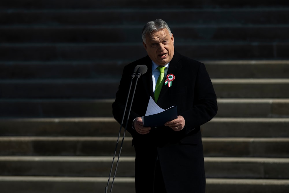 Hungarian Prime Minister Viktor Orban gives a speech on the steps of the National Museum in Budapest, Hungary, on Friday, March 15, 2024.(AP)