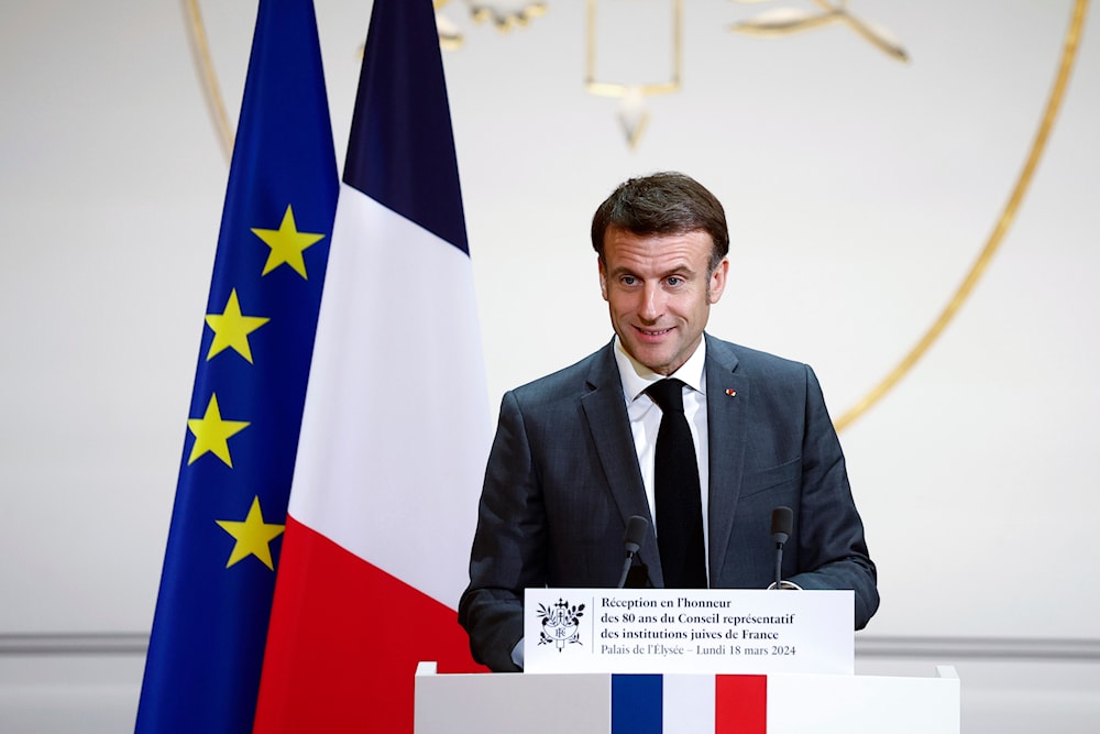 French President Emmanuel Macron delivers a speech during a ceremony celebrating the 80th anniversary of the Council of French Jewish Institutions (CRIF) at the Elysee Palace in Paris, Monday, March 18, 2024.(AP)