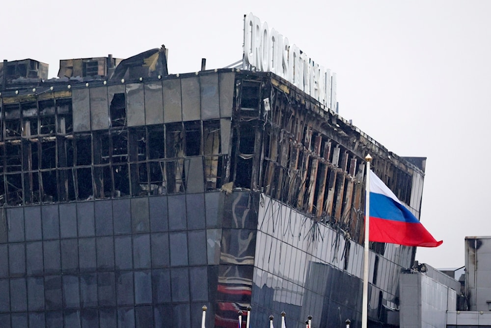 A view of the Crocus City Hall burned after an attack is seen on the western edge of Moscow, Russia, Saturday, March 23, 2024. (AP)