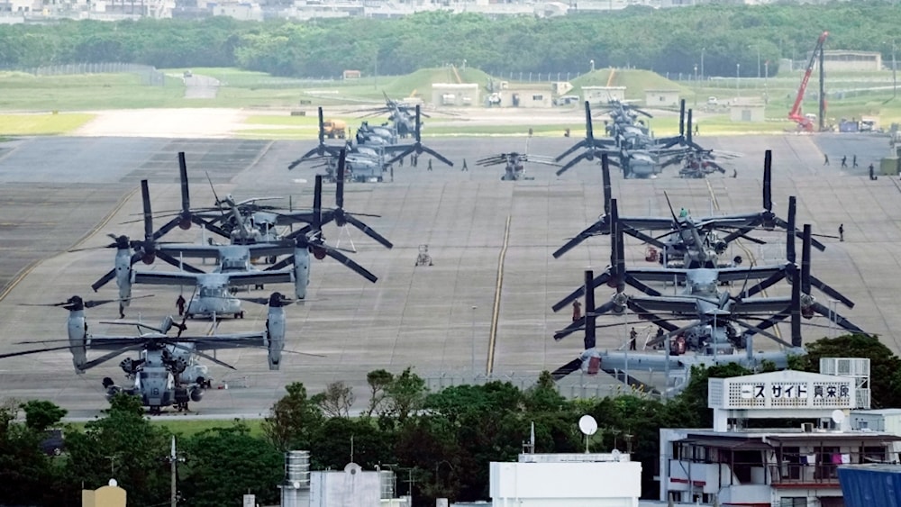 U.S. MV-22B Osprey transport aircraft are parked at the U.S. Marine Corps Air Station Futenma in Ginowan, south of Okinawa, southern Japan, Wednesday, Sept. 6, 2023. (AP)