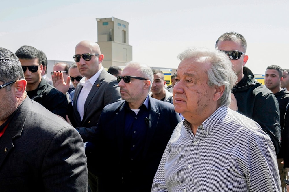 United Nations Secretary General Antonio Guterres visits the Rafah border crossing between Egypt and the Gaza Strip, Saturday, March 23, 2024. (AP Photo/Amr Nabil)