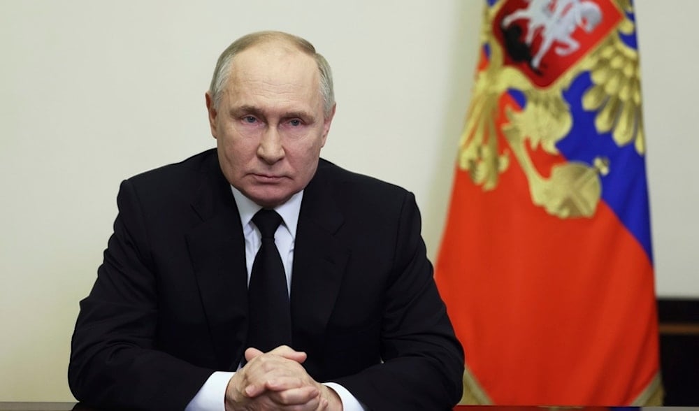 Russian President Vladimir Putin addressees the nation in Moscow, Russia, Saturday, March 23, 2024 (AP)