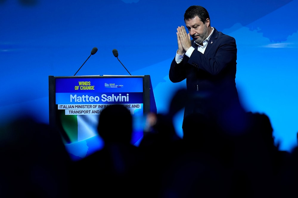 Deputy Prime Minister Matteo Salvini arrives on the stage during the rally 