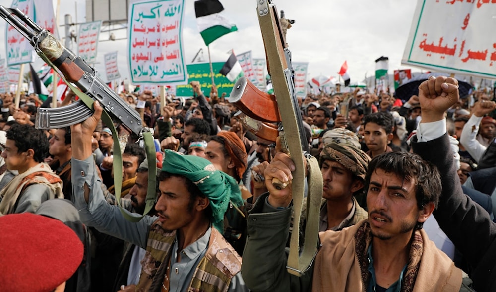 Yemeni people attend a rally in the Gaza Strip, in Sanaa, Yemen, March 8, 2024. (AP)