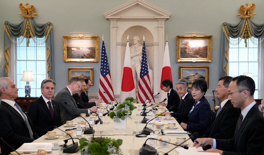 Secretary of State Antony Blinken, second from left, meets with Japanese Foreign Minister Yoko Kamikawa, third from right, at the State Department in Washington, Friday, Jan. 12, 2024. (AP)