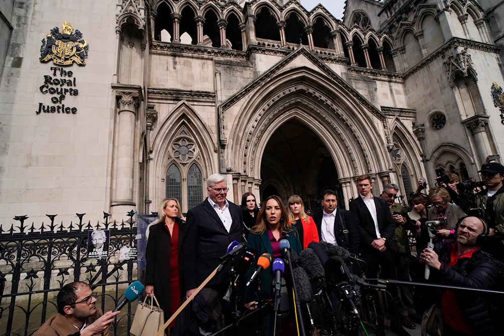 Stella Assange, wife of Wikileaks founder Julian Assange, releases a statement outside the Royal Courts of Justice, in London, Tuesday, March 26, 2024. (AP)