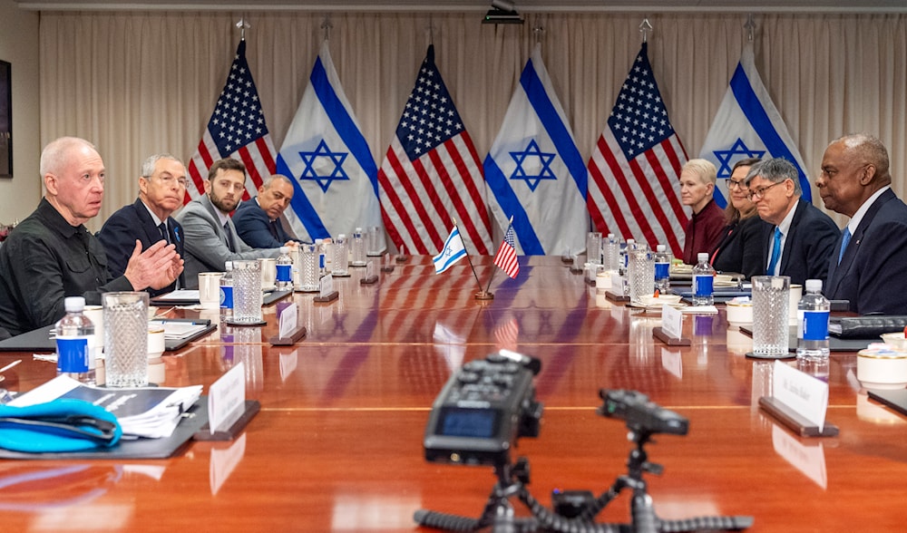 Israeli Defense Minister Yoav Gallant, at far left, speaks while meeting with Defense Secretary Lloyd Austin, at the Pentagon, March 26, 2024, in Washington. (AP)