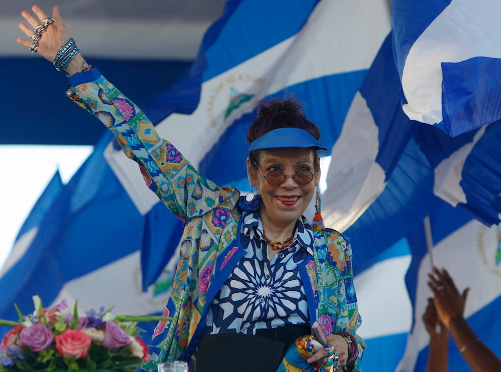 Nicaragua's Vice President Rosario Murillo waves during a rally in Managua, Nicaragua, Sept. 5, 2018.(AP)