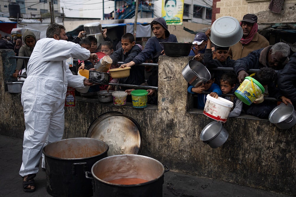 Palestinians line up for free food in Rafah, Gaza Strip, February 23, 2024 (AP)