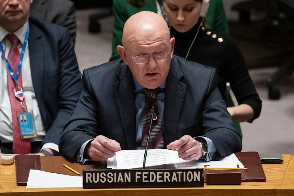 Russian Permanent Representative to the UN Vassily Nebenzia speaks during the Security Council meeting at United Nations headquarters, Friday, Dec. 22, 2023. (AP)