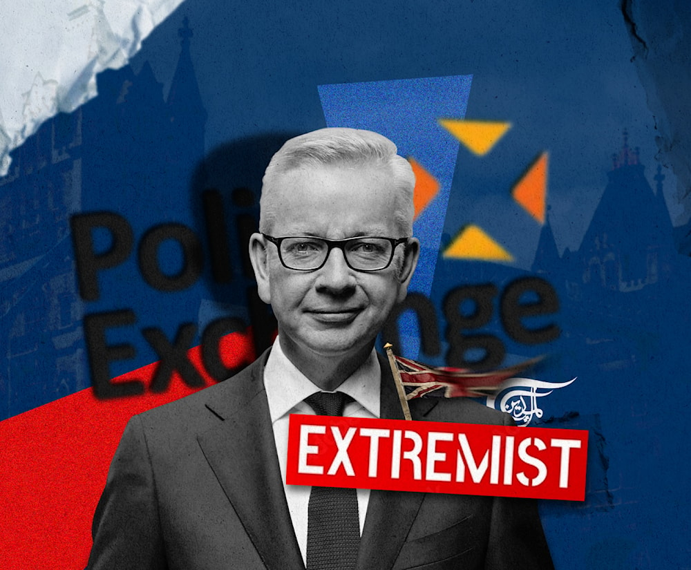 The minister leading this is the toxic Michael Gove, the most pro-Zionist minister in the government. (Al Mayadeen English; Illustrated by Zeinab el-Hajj)