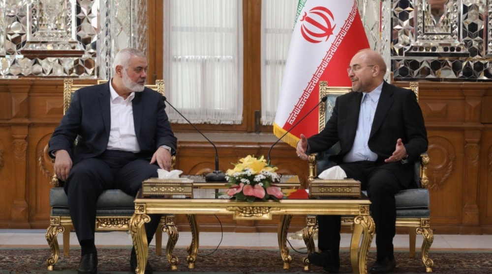 Iranian Parliament Speaker Mohammad Baqer Qalibaf (R) and Ismail Haniyeh, head of the political bureau of the Palestinian Hamas resistance group, meet in Tehran on March 28, 2024. (ICNA)