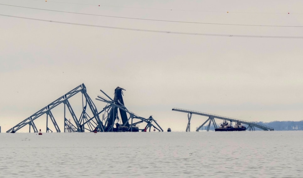 Wreckage of the Francis Scott Key Bridge is pictured on Wednesday, March 27, 2024, in Baltimore (AP)