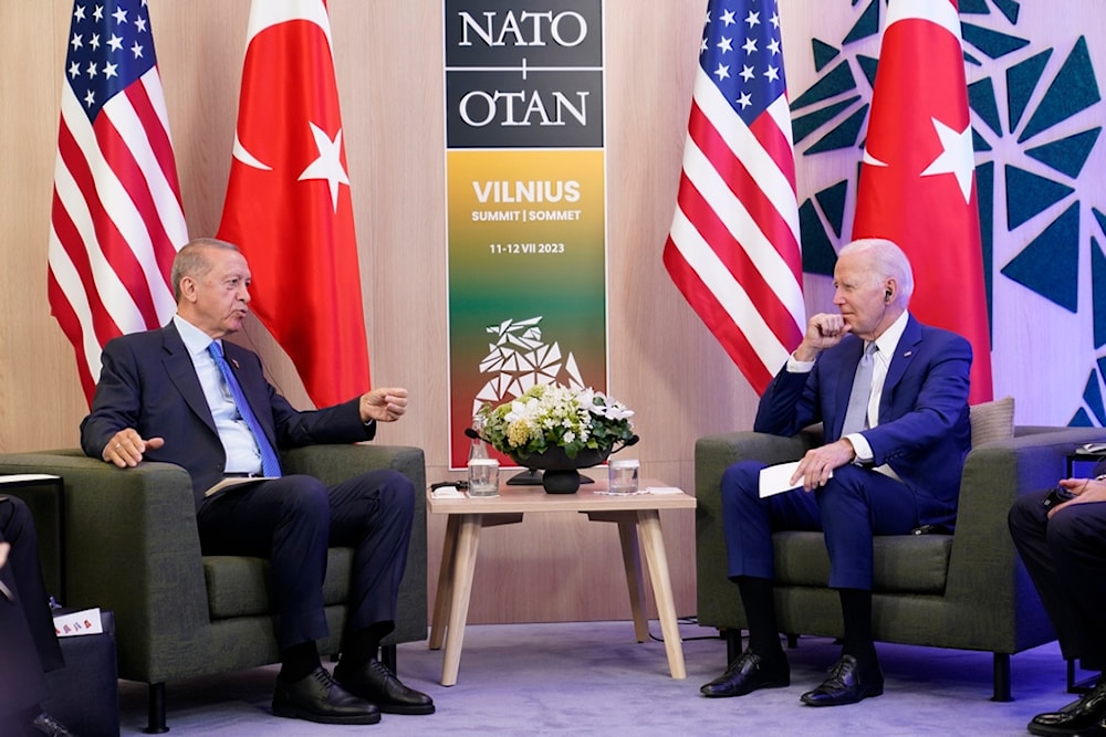 President Joe Biden and Turkey's President Recep Tayyip Erdogan meet on the sidelines of the NATO summit in Vilnius, Lithuania, Tuesday, July 11, 2023. (AP)