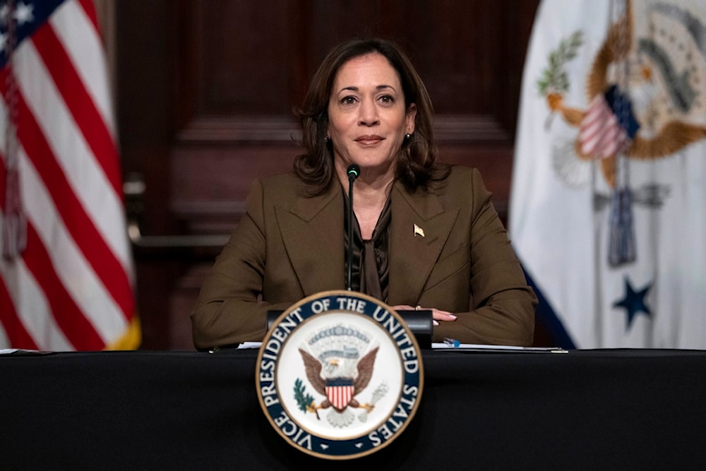 Vice President Kamala Harris speaks the Indian Treaty Room, Tuesday, Feb. 27, 2024, of the Eisenhower Executive Office Building on the White House complex in Washington. (AP Photo/Jacquelyn Martin)