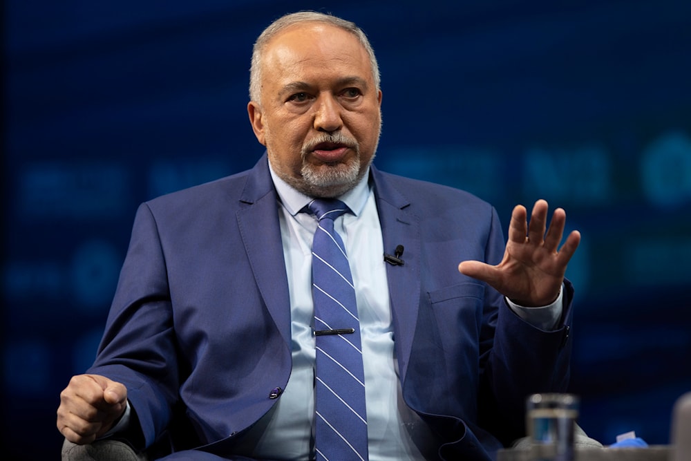 Former Israeli Security Minister Avigdor Lieberman gestures as he speaks during a conference in al-Quds, on Sunday, March 7, 2021.(AP)