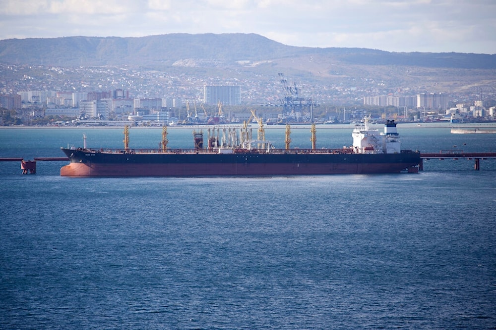 An oil tanker is moored at the Sheskharis complex, part of Chernomortransneft JSC, a subsidiary of Transneft PJSC, in Novorossiysk, Russia, on Oct. 11, 2022. (AP)
