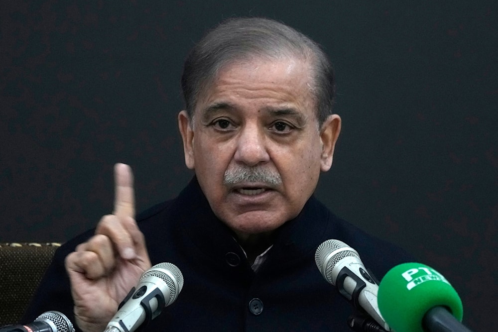 Pakistan's former Prime Minister Shehbaz Sharif speaks during a press conference regarding parliamentary elections, in Lahore, Pakistan, February 13, 2024 (AP)