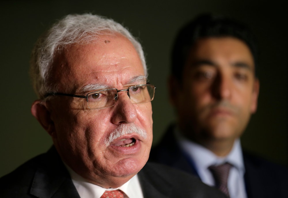 Palestinian Minister of Foreign Affairs Riyad al-Maliki speaks to reporters following a meeting in New York, on Wednesday, Sept. 26, 2018.(AP)