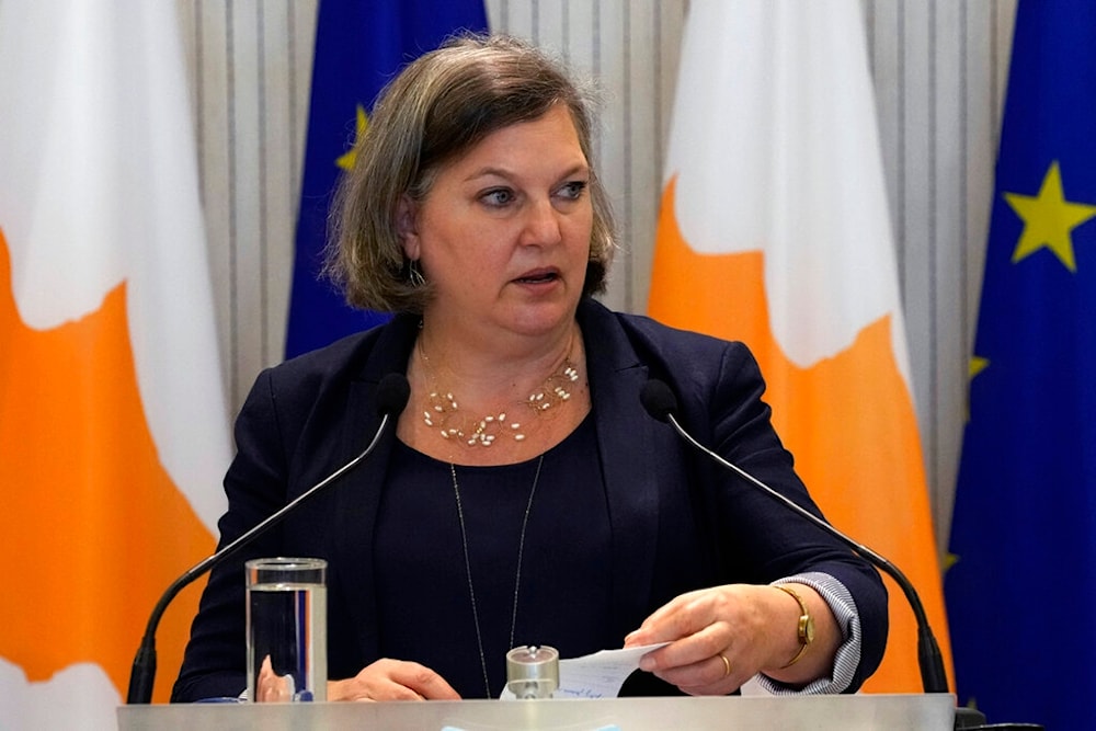 U.S. Under Secretary of State Victoria Nuland talks to the media during a press conference in the Cypriot capital Nicosia, Cyprus, on Thursday, April 7, 2022. (AP)