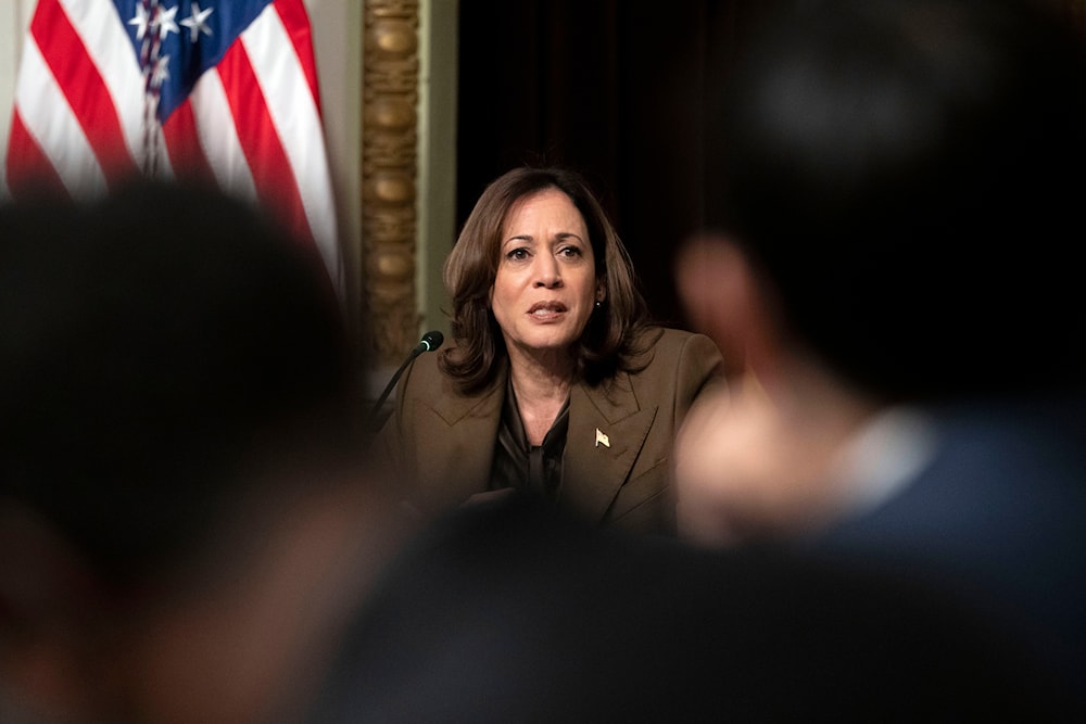 Vice President Kamala Harris speaks as she meets with voting rights leaders, in the Indian Treaty Room, Tuesday, Feb. 27, 2024, of the Eisenhower Executive Office Building on the White House complex in Washington. (AP)