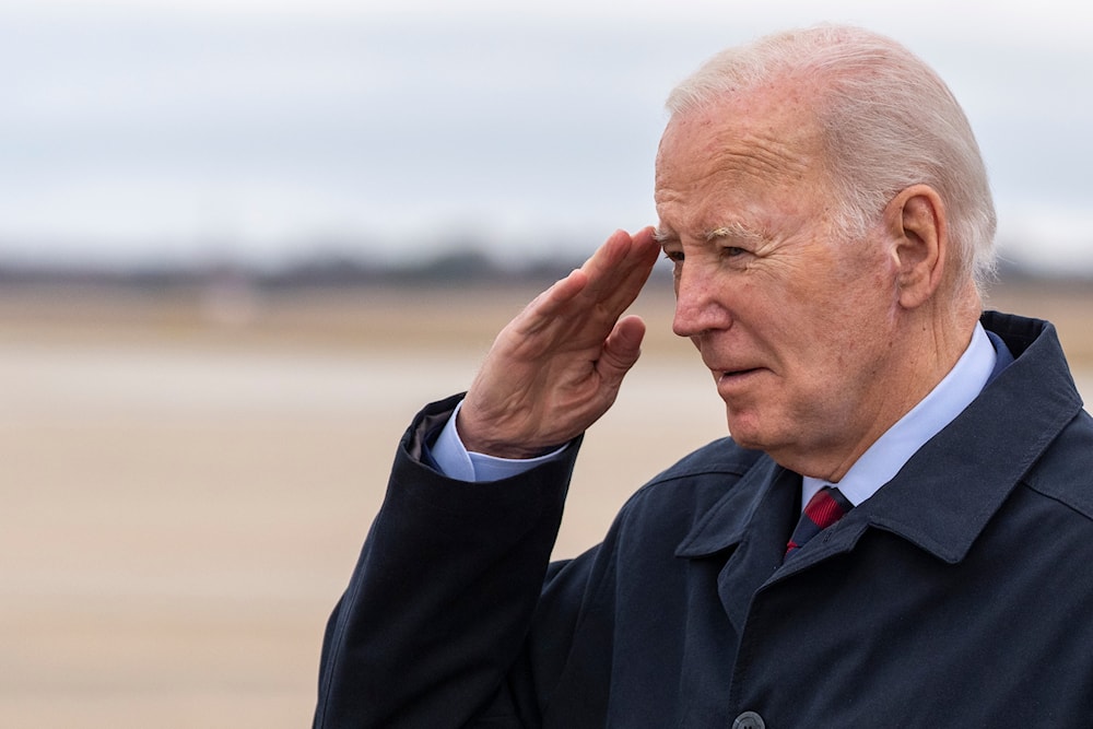 President Joe Biden salutes as he steps off Air Force One upon arrival, Tuesday, March 5, 2024, at Andrews Air Force Base, Md. Biden is returning from a trip to Camp David. (AP)