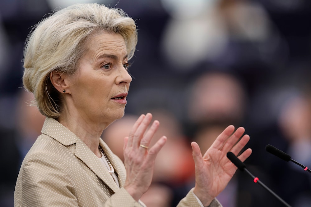 European Commission President Ursula von der Leyen delivers her speech on security and defense at the European Parliament in Strasbourg, France, Wednesday, Feb. 28, 2024 (AP)