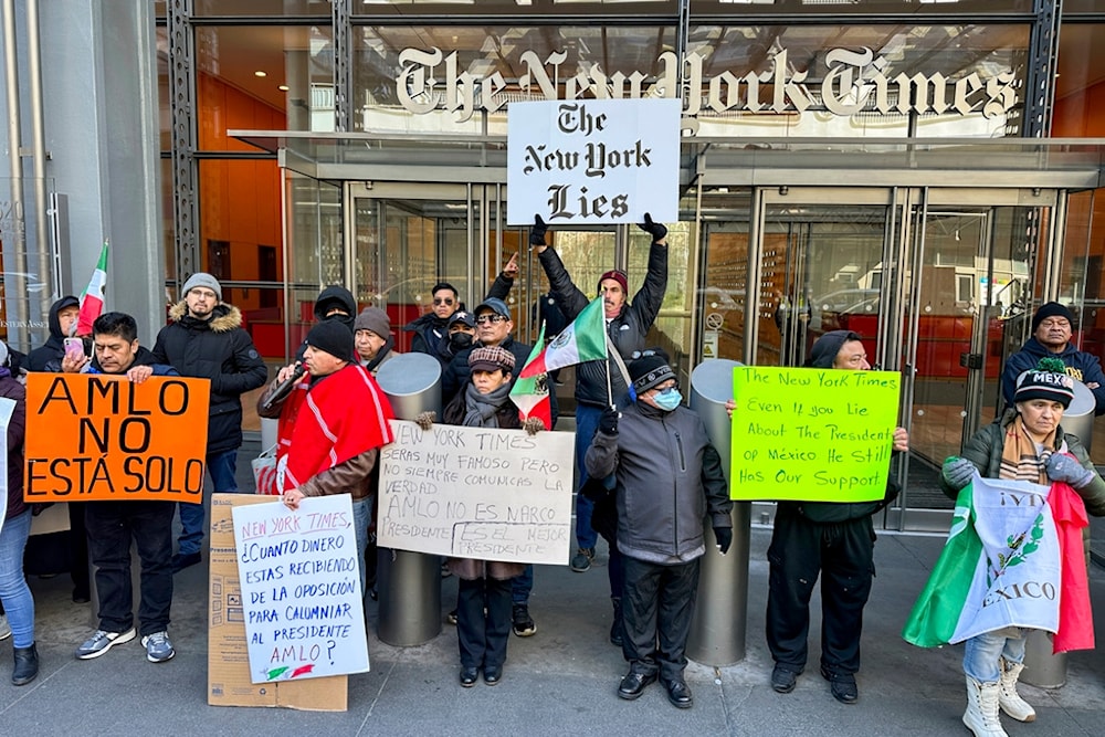 Supporters of Mexican president Andrés Manuel López Obrador protest in front of the New York Times headquarters in New York on Sunday, February 25, 2024. (AP)