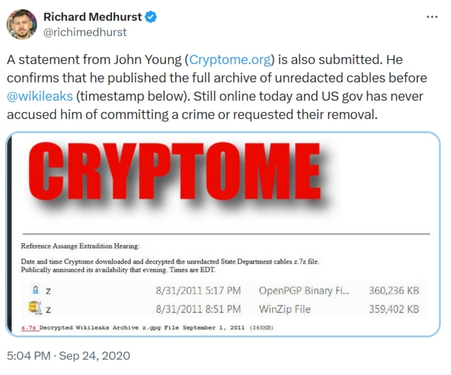 John Young, owner of cryptome.org, tells the Old Bailey that he published the unredacted cables first. The US government never prosecuted him or requested their removal. A screenshot with date and timestamp corroborates this.