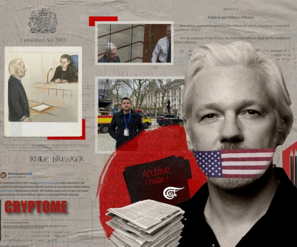 The prospect of the United States– a foreign government– imposing its laws on British soil to snatch a foreign journalist should scare anyone who is serious about press freedoms. (Al Mayadeen English; Illustrated by A. Makki)