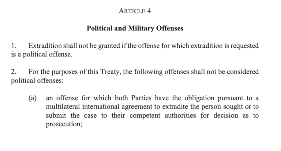 Extraditions for political offenses are forbidden under Article 4 of the US-UK Extradition Treaty 2003