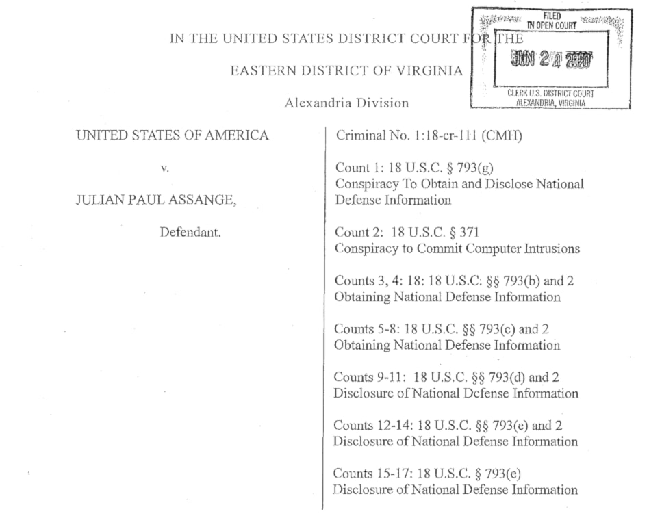 The first page of the superseding indictment against Assange
