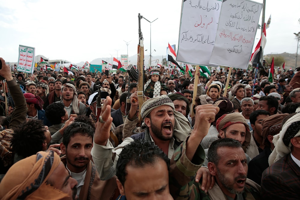 Houthi supporters attend a rally against the U.S.-led airstrikes on Yemen and the Israeli offensive in the Gaza Strip in Sanaa, Yemen, Friday, March 1, 2024. (AP)