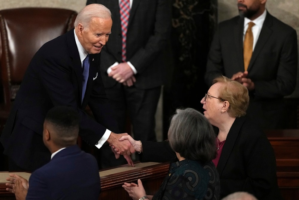 President Joe Biden shakes hands after he delivered the State of the Union address to a joint session of Congress at the U.S. Capitol, Thursday March 7, 2024, in Washington. (AP Photo/Andrew Harnik)