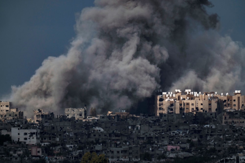 Smoke rises to the sky following an explosion in the Gaza Strip, as seen from southern occupied Palestine, Friday, March 8, 2024. (AP)