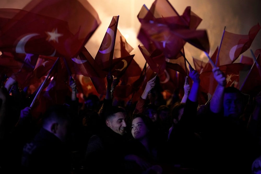 Republican People's Party, or CHP, supporters gather to celebrate outside City Hall in Istanbul, Turkey, Sunday, March 31, 2024. (AP)