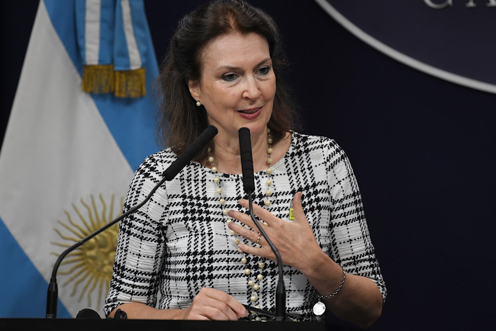 Argentine Foreign Minister Diana Mondino attends a press conference, in Buenos Aires, Argentina, Friday, Feb. 23, 2024. (AP)
