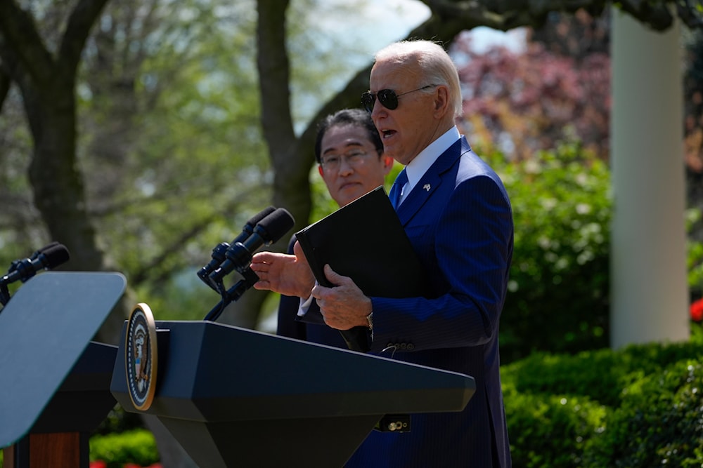 President Joe Biden speaks as a news conference ends with Japanese Prime Minister Fumio Kishida in the Rose Garden of the White House, April 10, 2024, in Washington (AP)