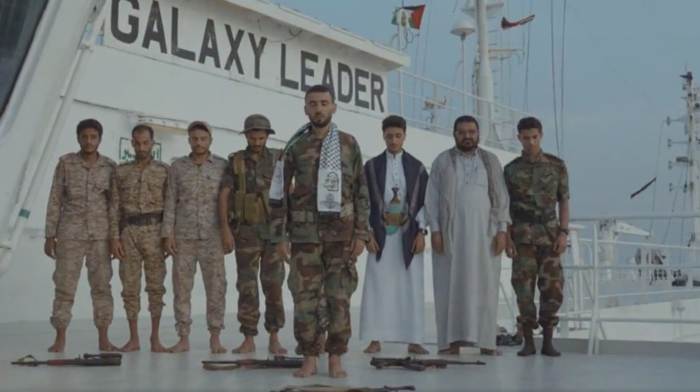 Yemenis perform Eid al-Fitr prayers on the deck of the seized Israeli-linked Galaxy Leader cargo ship in Hodeidah, Yemen, on April 10, 2024. (Al Mayadeen TV)