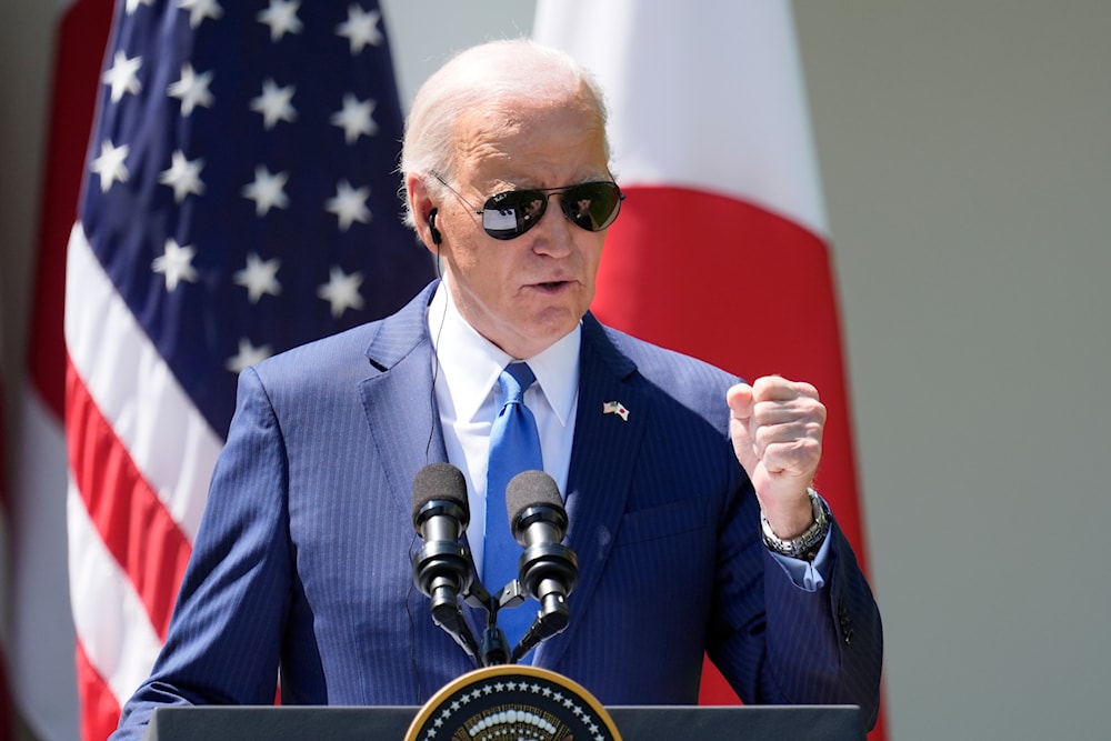 President Joe Biden speaks during a news conference with Japanese Prime Minister Fumio Kishida in the Rose Garden of the White House, April 10, 2024, in Washington, DC, the United States (AP)