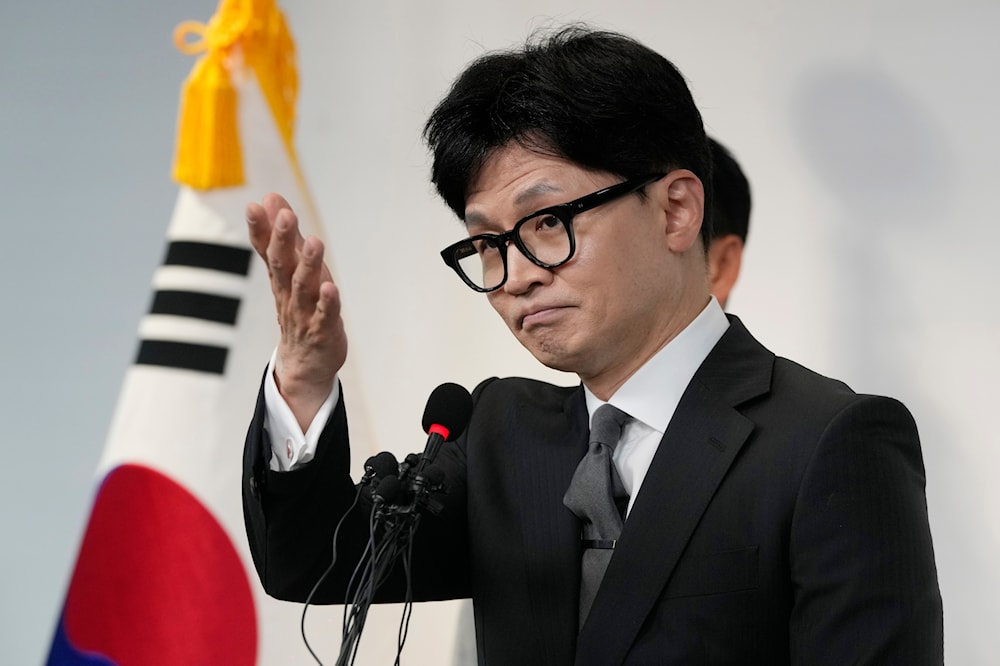 South Korea's ruling People Power Party's leader Han Dong-hoon gestures during his press conference at the party's headquarters in Seoul, South Korea, Thursday, April 11, 2024.(AP)