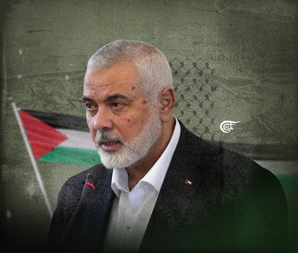 Hamas chief Ismail Haniyeh speaks during a press briefing after his meeting with Iranian Foreign Minister Hossein Amir-Abdollahian in Tehran, Iran, Tuesday, March 26, 2024. (AP - Edited by Al Mayadeen English))