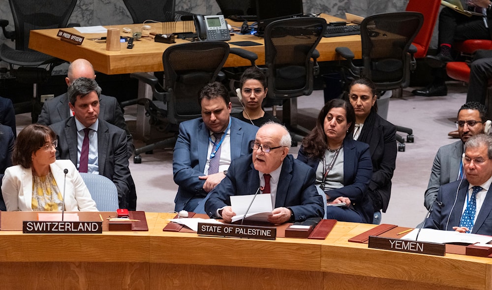 Palestinian Ambassador to the United Nations Riyad Mansour addresses United Nations Security Council at UN headquarters, Monday, March 25, 2024. (AP)