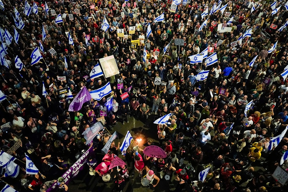 Settlers protest against Israeli occupation Prime Minister Benjamin Netanyahu's government in 'Tel Aviv', 'Israel', Saturday, April 13, 2024. (AP)