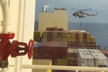 A video seen by The Associated Press shows commandos raiding a ship near the Strait of Hormuz by helicopter Saturday, April 13, 2024. (AP)