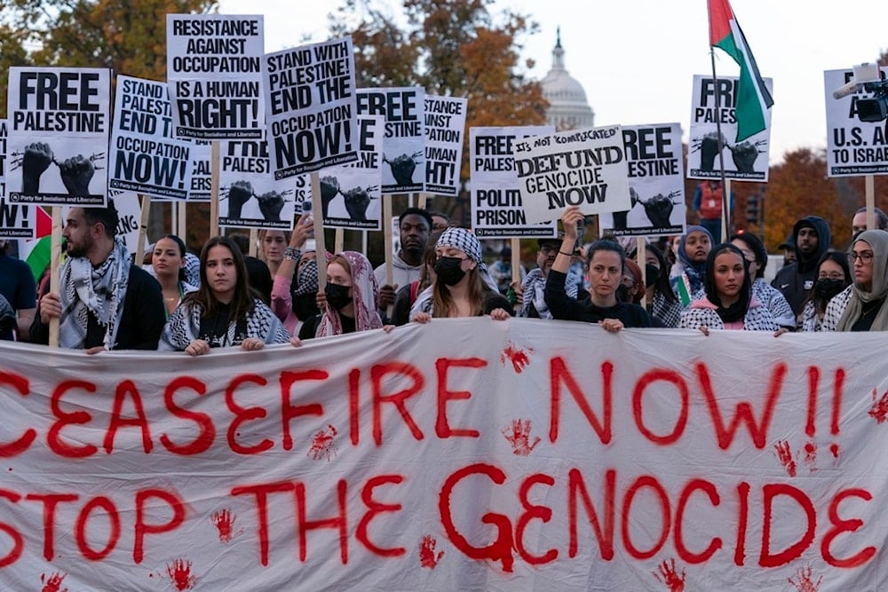 Protesters rally during a pro-Palestinian demonstration asking for a cease fire in Gaza at Union Station in Washington, Friday, Nov. 17, 2023. (AP)