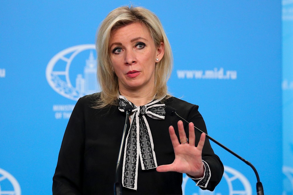 In this photo released by the Russian Foreign Ministry Press Service, Russian Foreign Ministry spokeswoman Maria Zakharova gestures while speaking during the briefing about foreign policy in Moscow, Russia, Thursday, March 17, 2022. (AP)