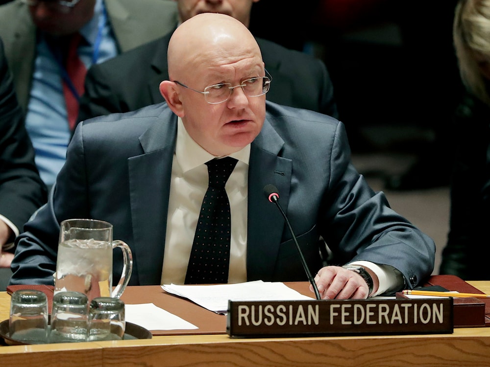 Vassily Nebenzia, Russia's ambassador to the United Nations, speaks during a Security Council meeting, Friday, April 13, 2018, at United Nations headquarters. (AP)